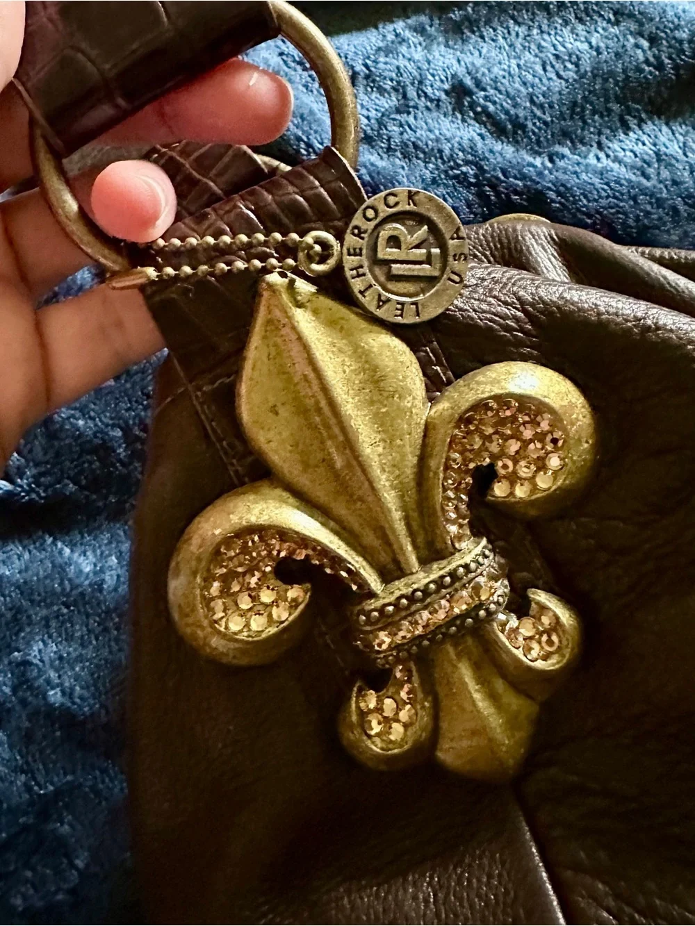 Leatherock Brown Fleur-de-Lis Hobo Bag with Rhinestones